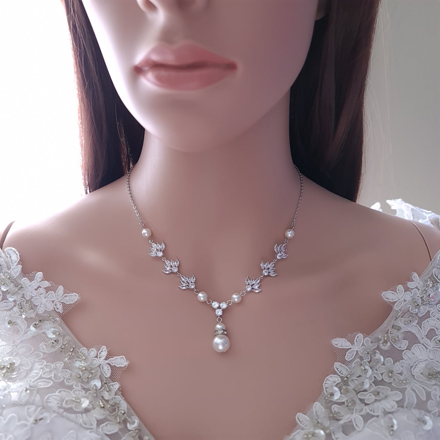 Pearl and Crystal Wedding Necklace with Backdrop for Bride-Rosa