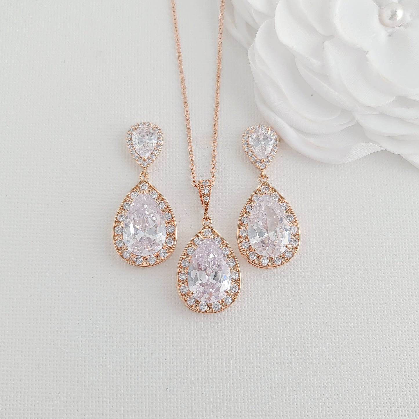 Teardrop Bridal Jewelry Set in Rose Gold- Evelyn