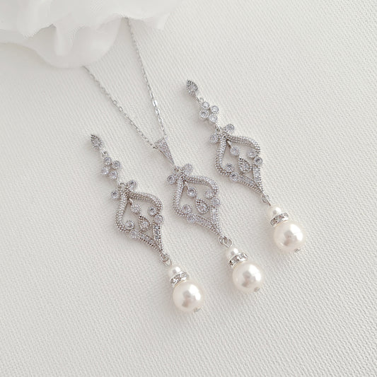 Vintage Silver Wedding Jewelry Set with Pearl Drop Earrings & Necklace - Elizabeth