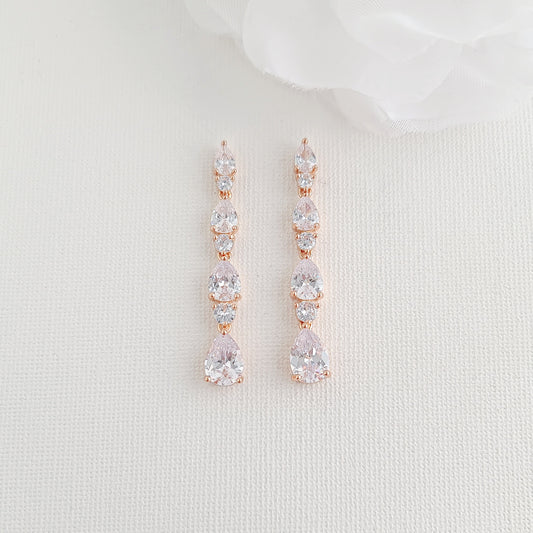Bridal Drop Earrings in Rose Gold with Small CZ Teardrops-Hazel
