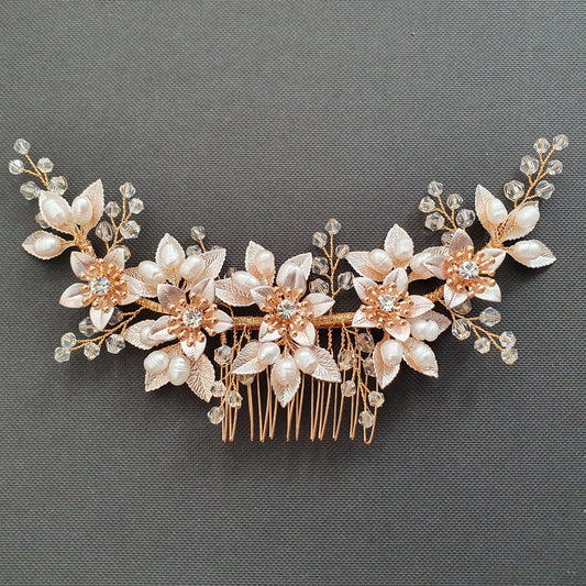Gold Leaf Statement Hair Comb | Delicately Crafted Pearl & Crystal Bridal Piece-Liana