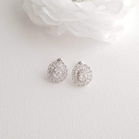 Dazzling Oval Halo Cubic Zirconia Stud Earrings for Brides-Indigo