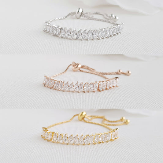 Rose Gold Adjustable Slider Bracelet | Delicate Marquise CZ | Bridal & Prom Jewelry - Katie