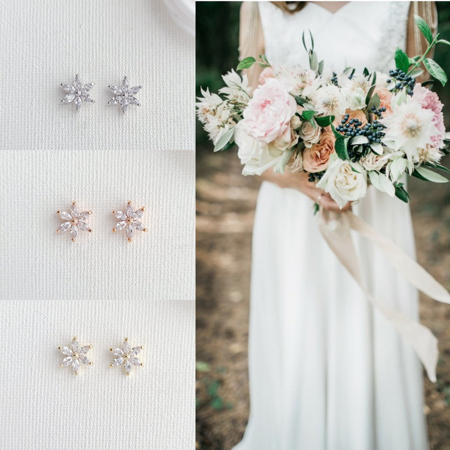 Dainty Gold Flower Stud Earrings for Brides and Bridesmaids-Trisha