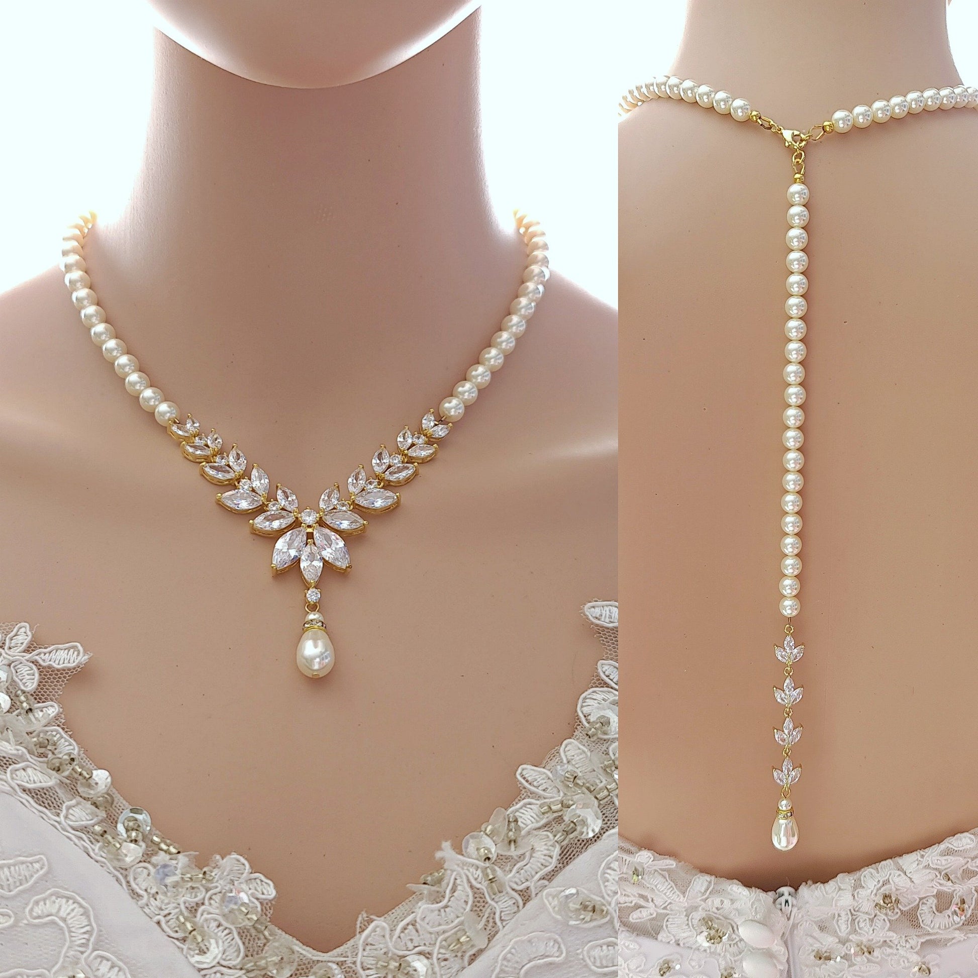 Pearl Bridal Jewelry Set in Ivory White or Cream Pearl Color with Necklace, Backdrop & Earrings-Katie - PoetryDesigns