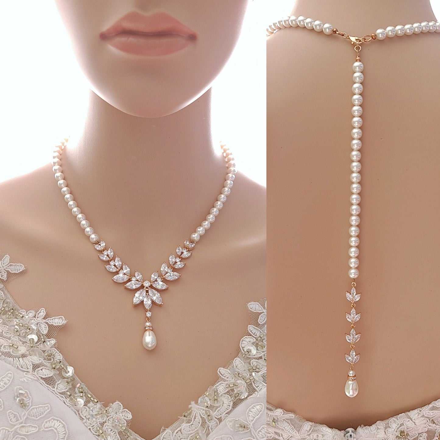 Pearl Bridal Jewelry set Rose Necklace with Backdrop
