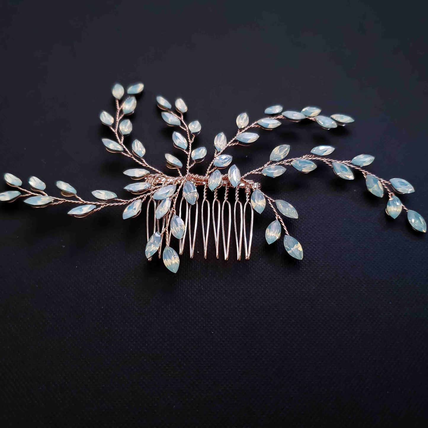 Rose Gold & Blue Opal Crystal Comb | Dainty Minimalist Bridal Headpiece- Laura
