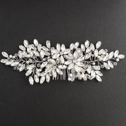 Extra Large Crystal Bridal Comb (8.5 Inch) | Statement Floral & Leaf Headpiece-Leana
