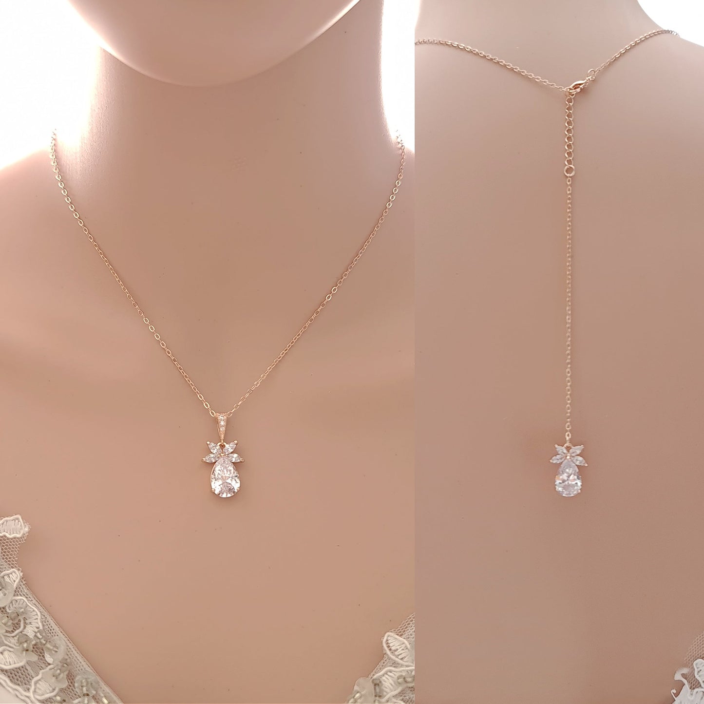 Simple Rose Gold Wedding Necklace and Earrings Set- Stella