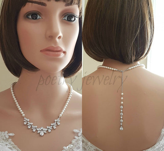 Back Bridal Necklace, Crystal and Pearl Wedding Necklace, Wedding Back Necklace, Necklace with Backdrop, Back Bridal Jewelry, Nicole - PoetryDesigns