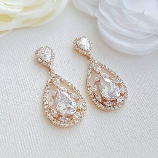 Rose gold Plated Drop Earrings for Brides-Esther - PoetryDesigns