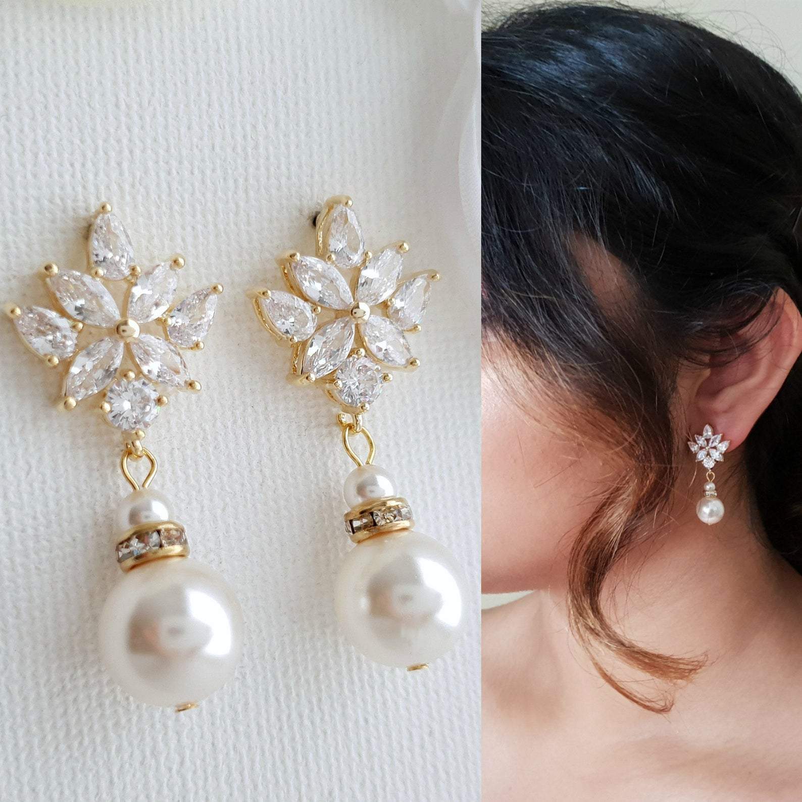 Bridal Drop Earrings in Gold with Round Pearls For Brides