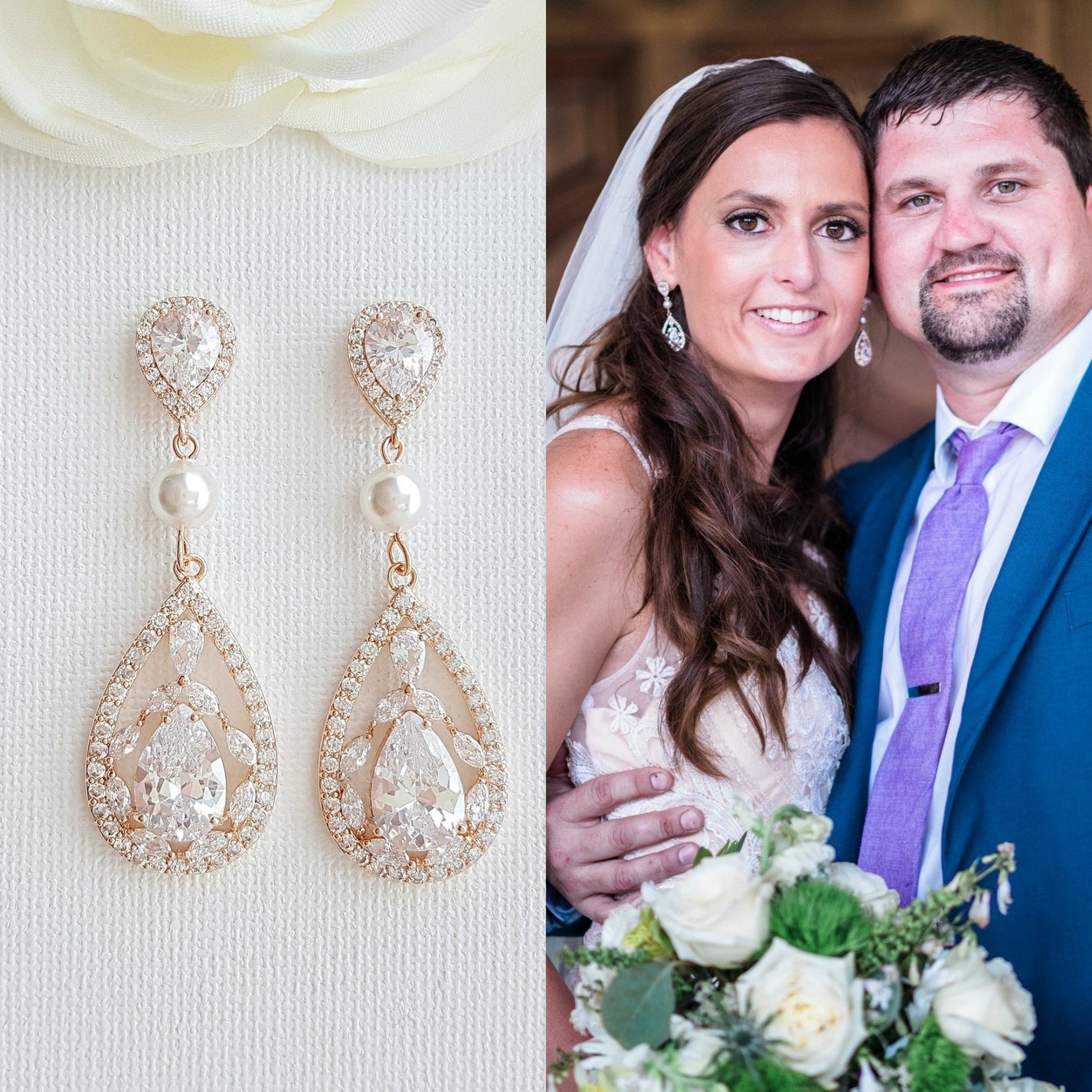 Rose Gold CZ Crystal Earrings for Weddings & Brides-Esther