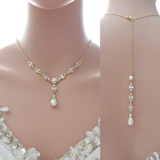 Gold Bridal Jewelry Set with Pearl Crystal Earrings Back Necklace Bracelet Set-Hayley - PoetryDesigns