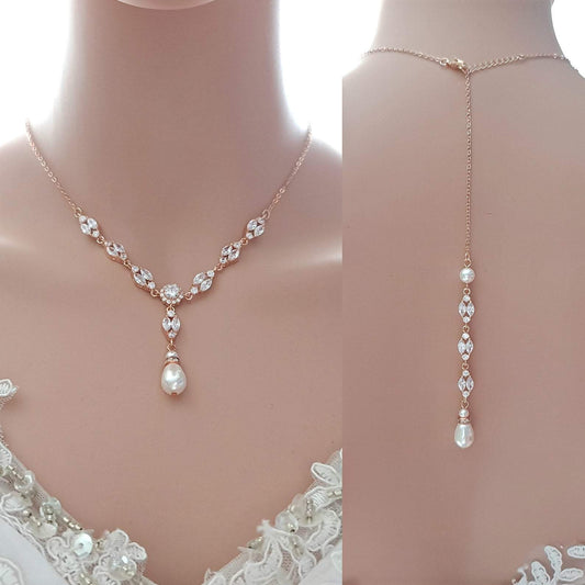 Rose Gold Back Jewelry Set with Necklace Bracelet Earrings for Weddings-Hayley - PoetryDesigns