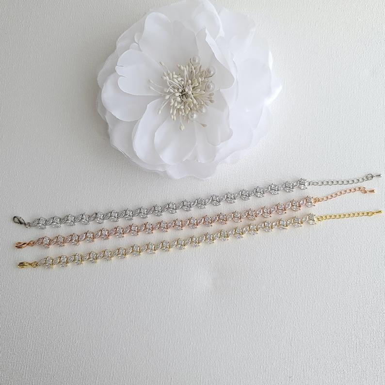 Rose Gold Tennis Bracelet in Leaf Shape Cubic Zirconia for Weddings & Formals-Debra - PoetryDesigns