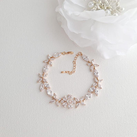 Gold Bridal Bracelet in Flower Design Made of Cubic Zirconia-Daisy - PoetryDesigns