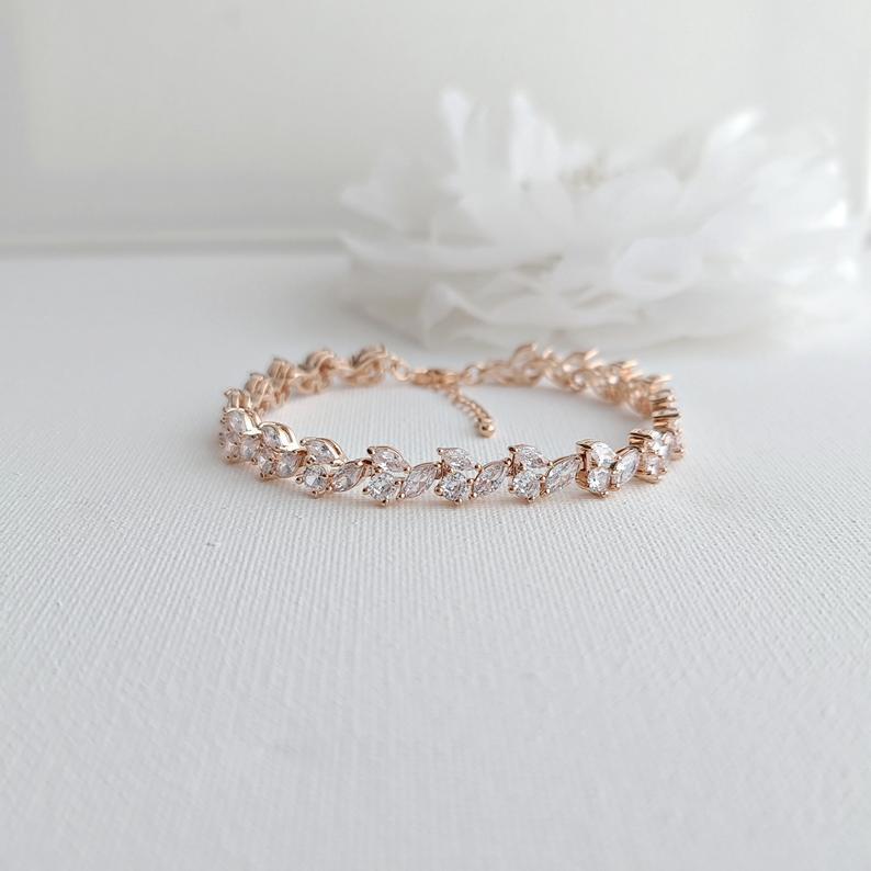 Bridal Tennis Bracelet With Gold Metal and Cubic Zirconia Leaf-Debra - PoetryDesigns