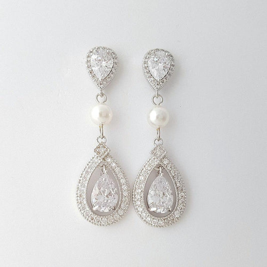 Crystal Wedding Earrings With CZ & Swarovski Pearl- Sarah - PoetryDesigns