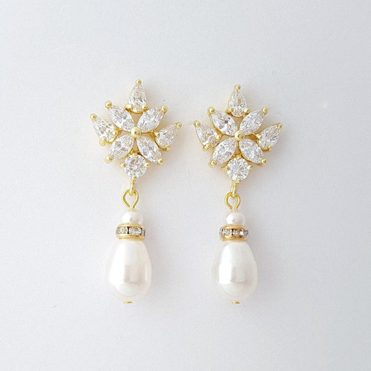 Gold Drop Earrings for Weddings with Teardrop Pearls- Rosa - PoetryDesigns
