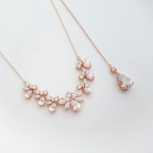 Rose Gold Bridal Necklace Crystal Bridal Back drop Necklace Rose Gold Wedding Back Necklace Wedding Bridal Jewelry, Nicole - PoetryDesigns
