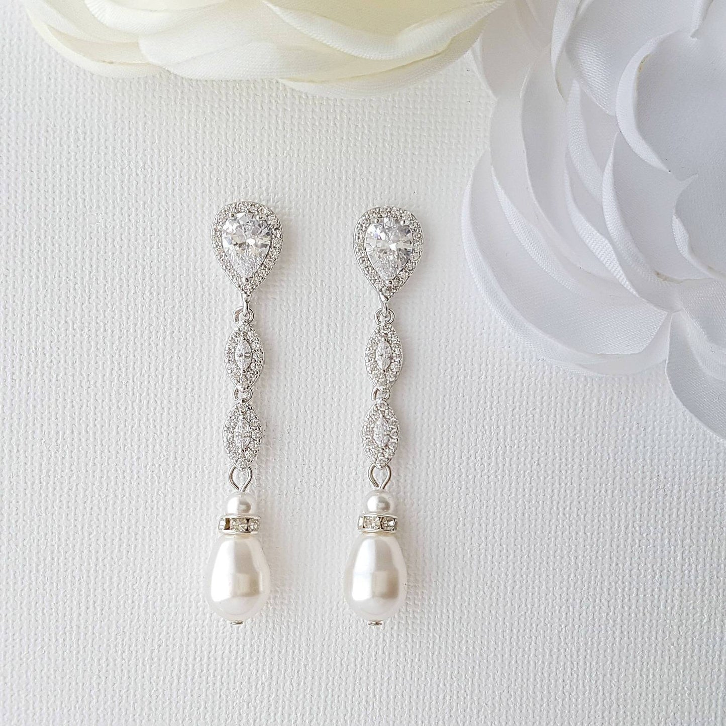 Pearl Drop Clip On Earrings in Silver-Abby - PoetryDesigns