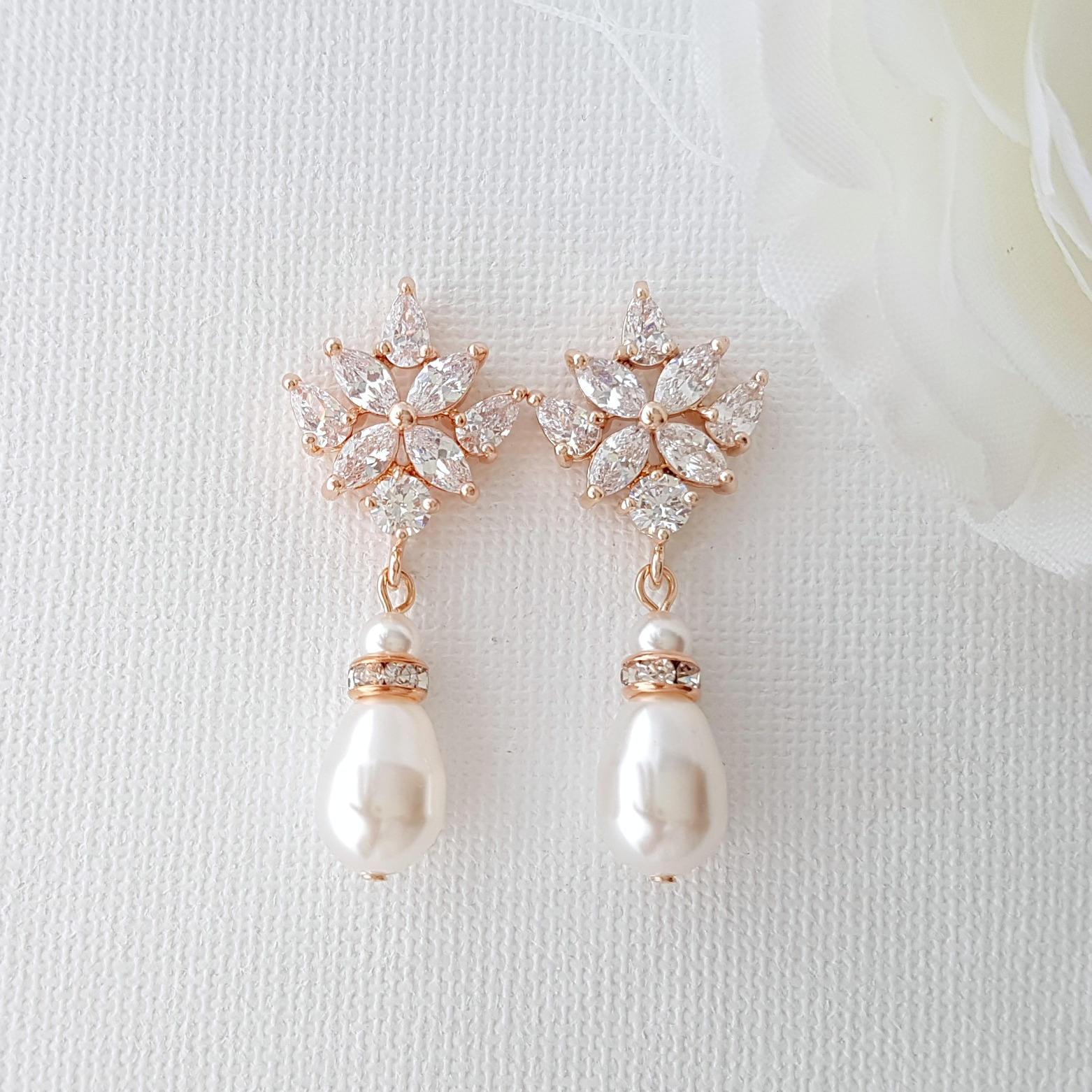 Rose Gold Bridal Earrings with Pearl Drops | Poetry Designs