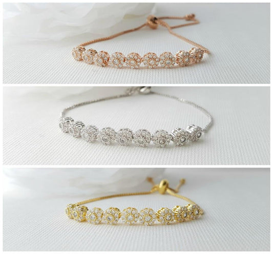 Bridal Bracelet, Wedding Jewelry, Rose Gold, Gold, Bangle Bracelet, Halo Style, Wedding Bracelet, Adjustable Bracelet, Reagan Bracelet - PoetryDesigns