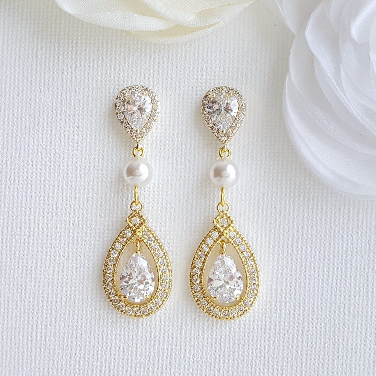 Yellow Gold Bridal Earrings |Gold Earrings with CZ Pearls for Brides