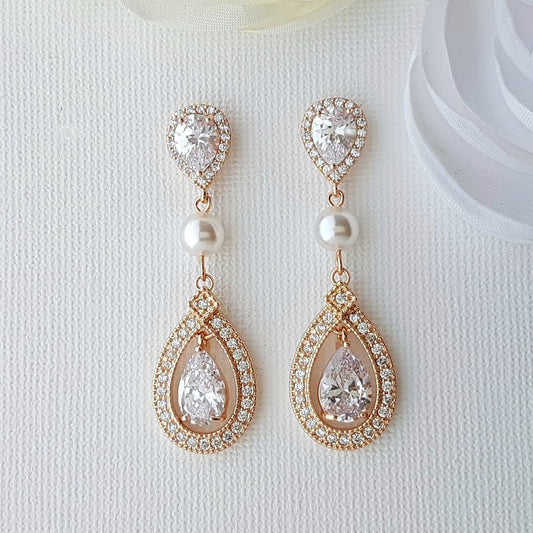 CZ Clip On Bridal Earrings in Rose Gold - Sarah - PoetryDesigns
