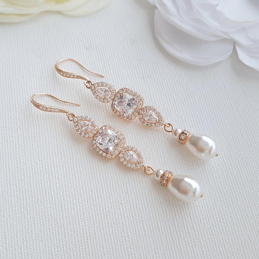 Rose Gold Pearl Drop Wedding Earrings-Gianna - PoetryDesigns