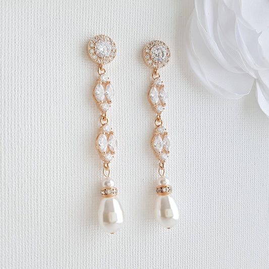 Long Rose Gold Pearl Drop Earrings- Hayley - PoetryDesigns