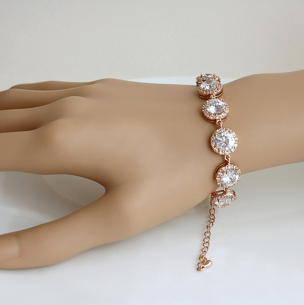 Bracelet de mariage en or rose, bracelet de mariée en cristal, bijoux de mariage, bracelet en zircon cubique en or rose, Evita