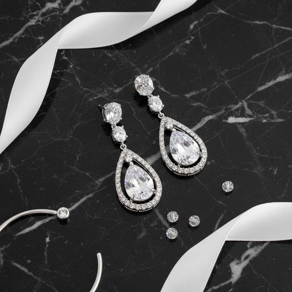 Brilliant Classic Teardrop Cubic Zirconia Earrings in Silver Finish - Ella