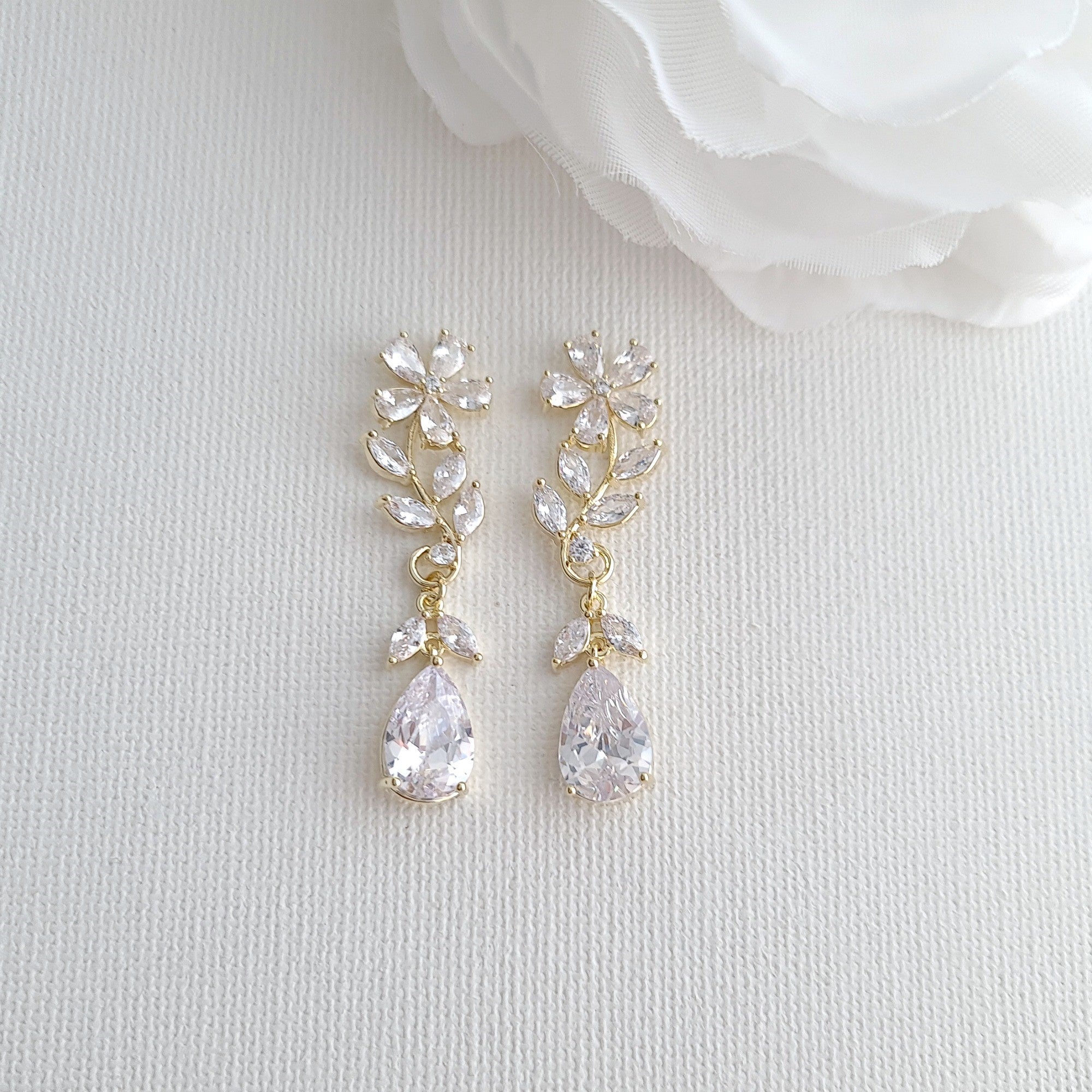 Gold Leaves & Flower Bridal Earrings to Match Wedding Dress,Hair