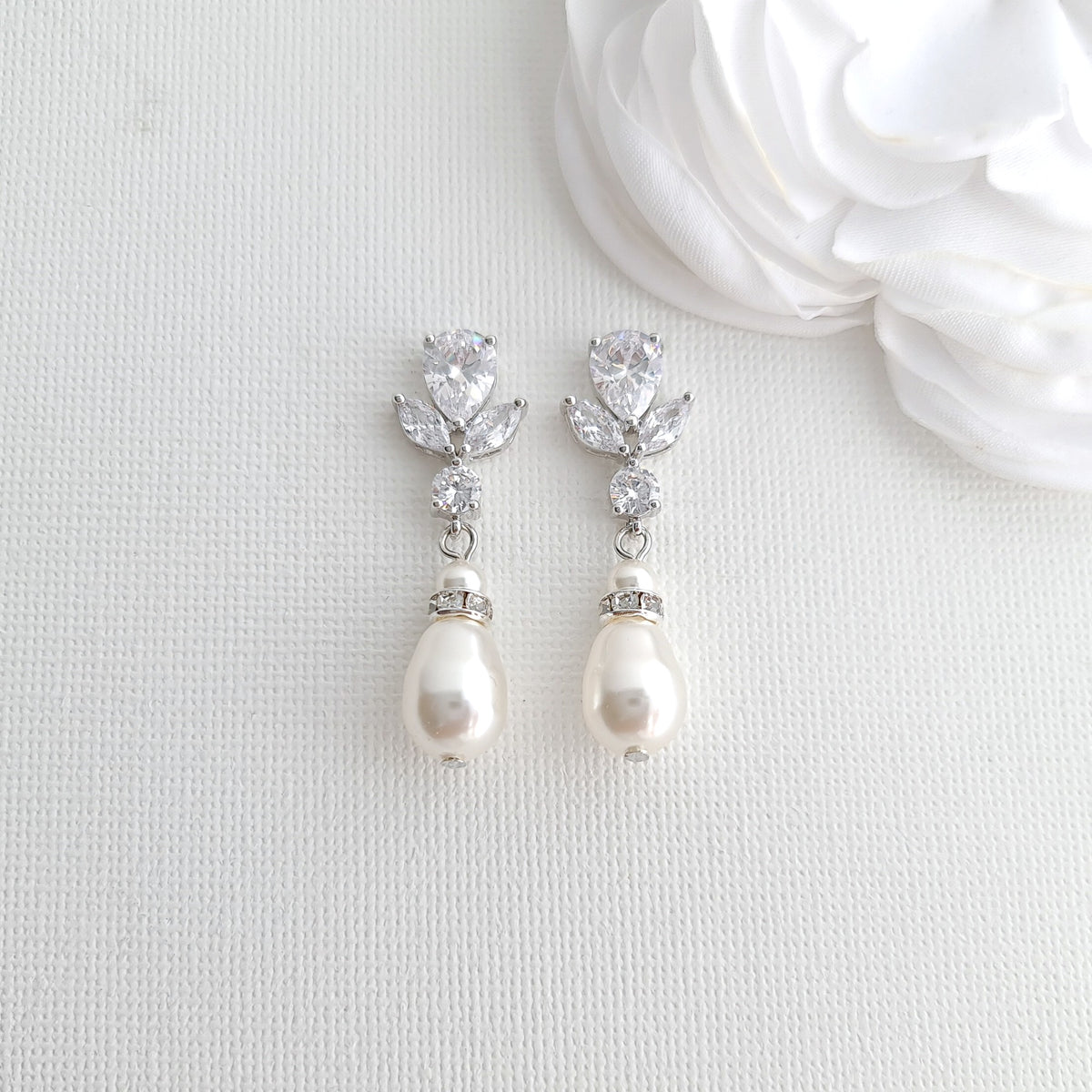 Gold Clip On earrings Brides with CZ leaf Stud & Teardrop Pearls - Nicole