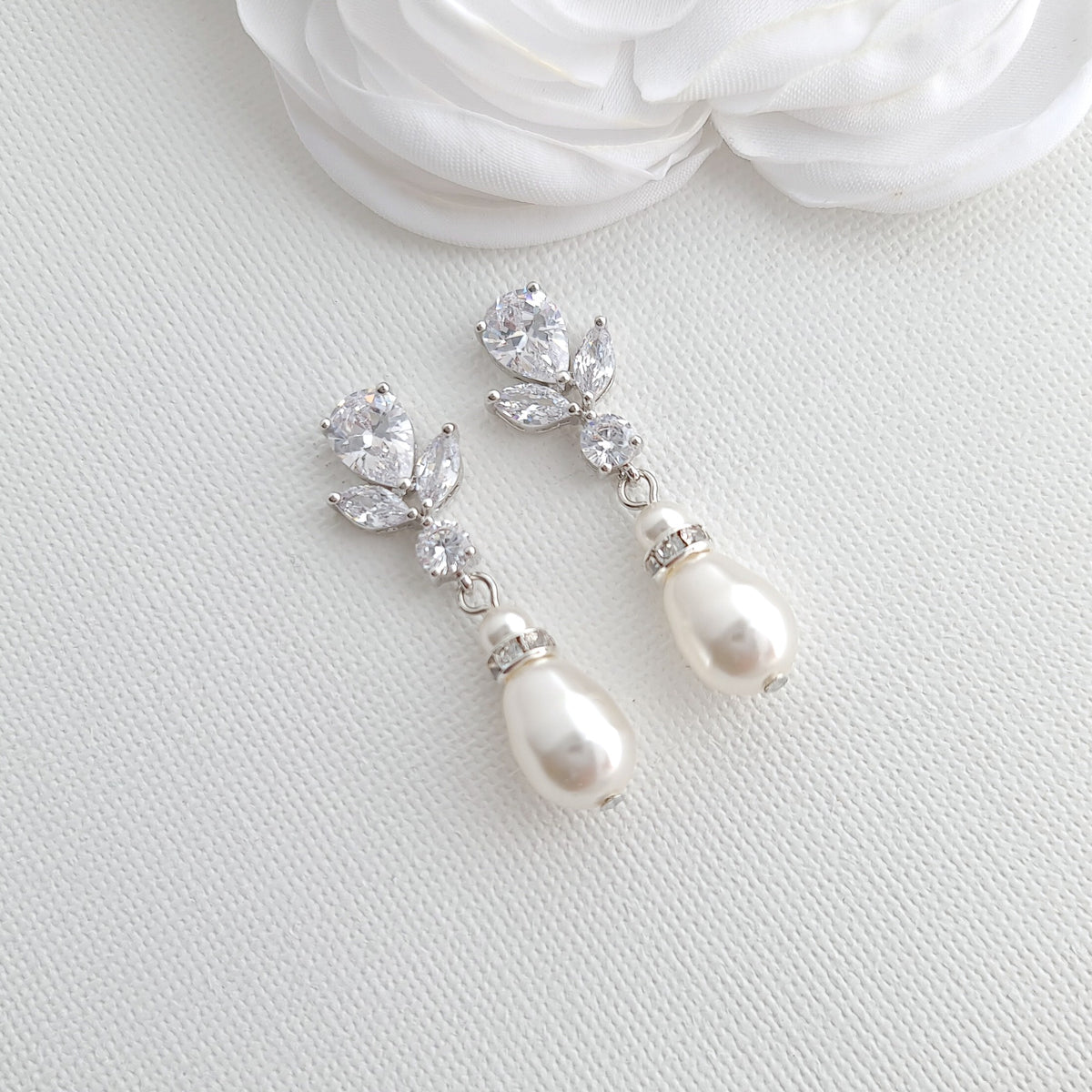 Gold Clip On earrings Brides with CZ leaf Stud & Teardrop Pearls - Nicole