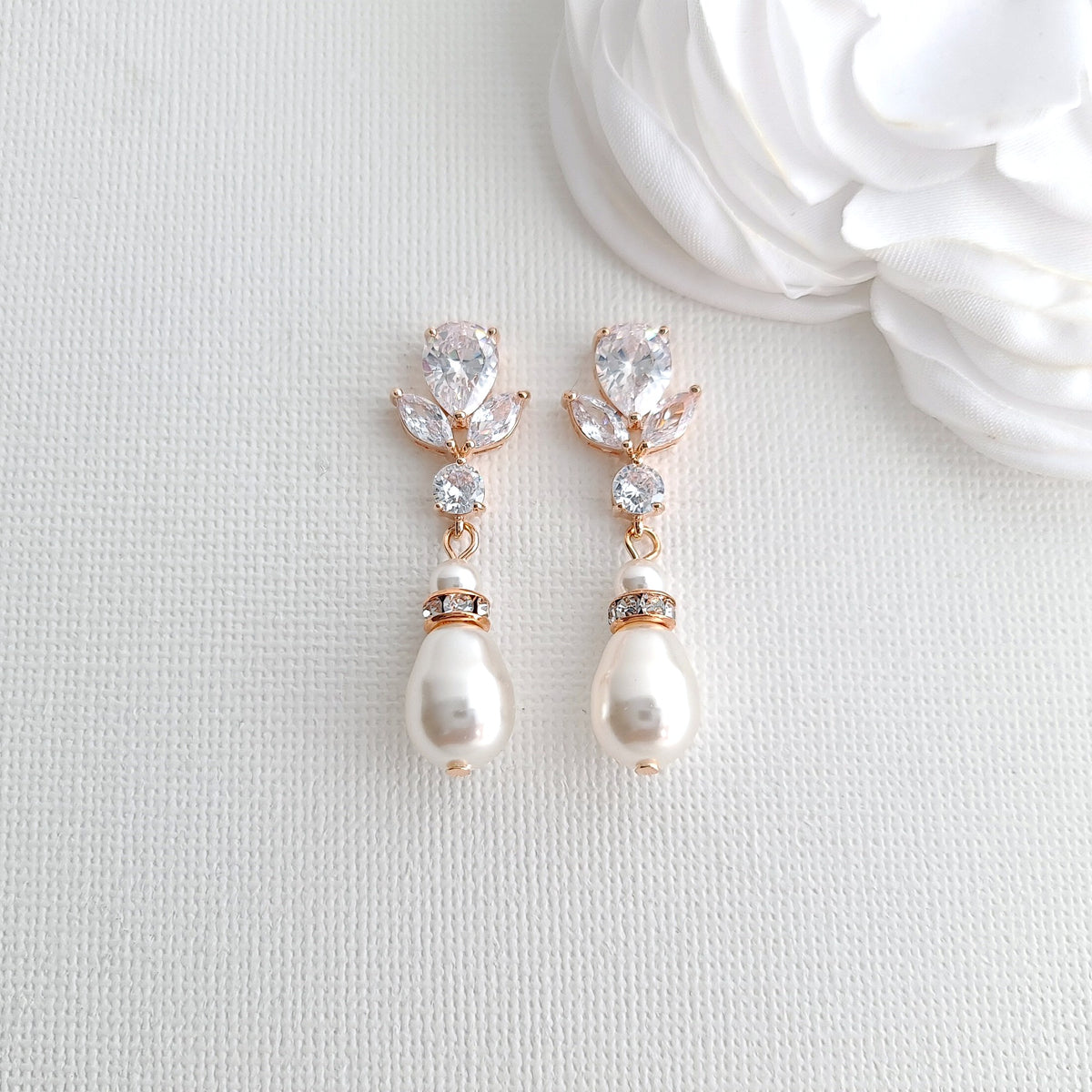 Gold Clip On earrings Brides with CZ leaf Stud & Teardrop Pearls - Nicole