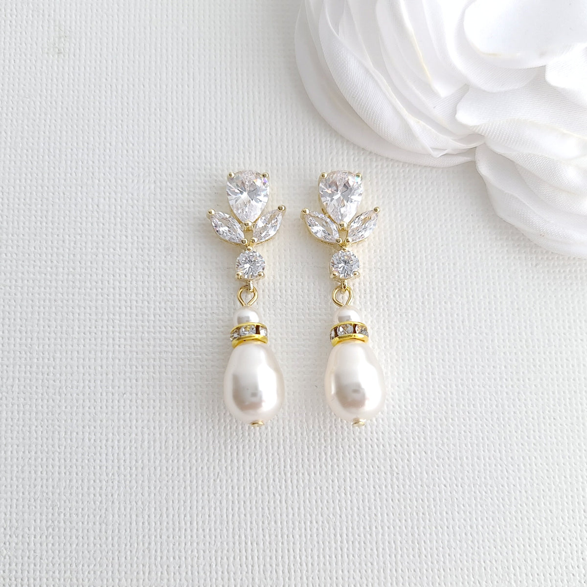 Gold Clip On earrings Brides with CZ leaf Stud & Teardrop Pearls - Nicole