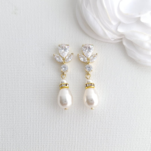 Gold Clip On earrings Brides with CZ leaf Stud & Teardrop Pearls - Nicole