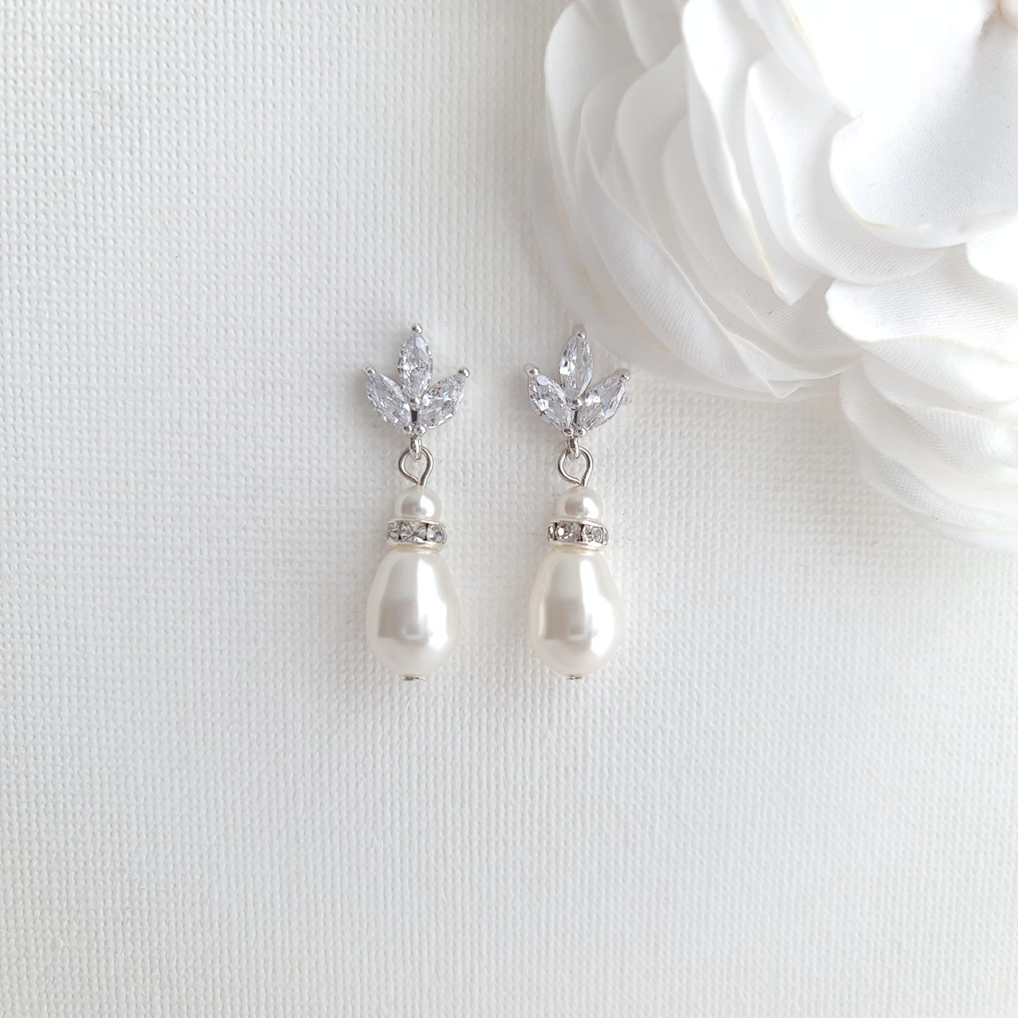 Rose Gold Leaf Pearl Drop Wedding Earrings - Katie