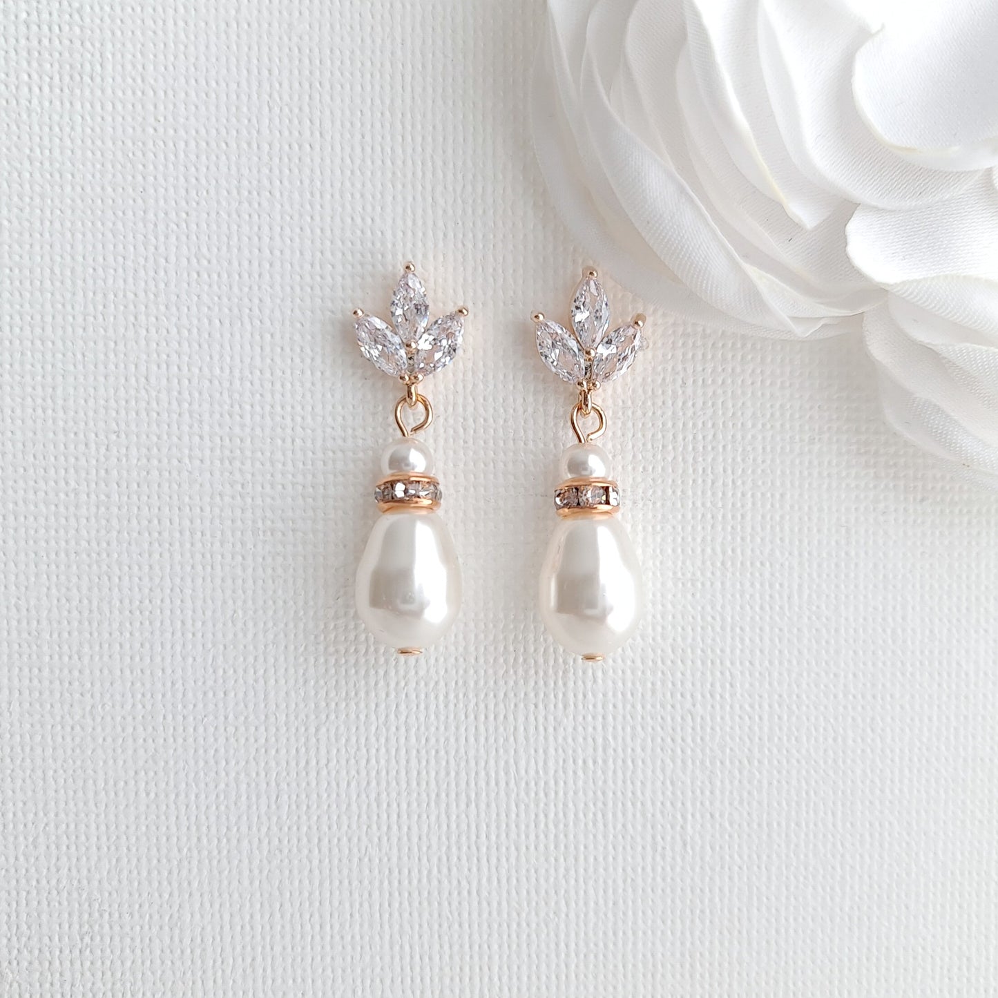 Rose Gold Leaf Pearl Drop Wedding Earrings - Katie