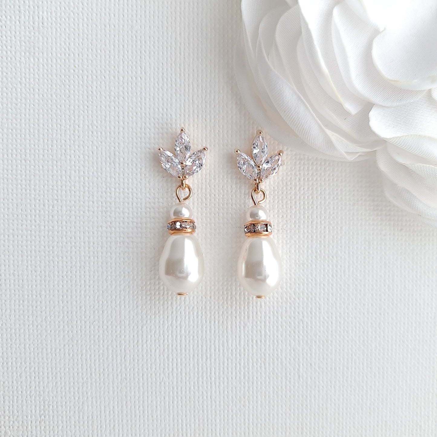 Rose Gold Leaf Pearl Drop Wedding Earrings - Katie