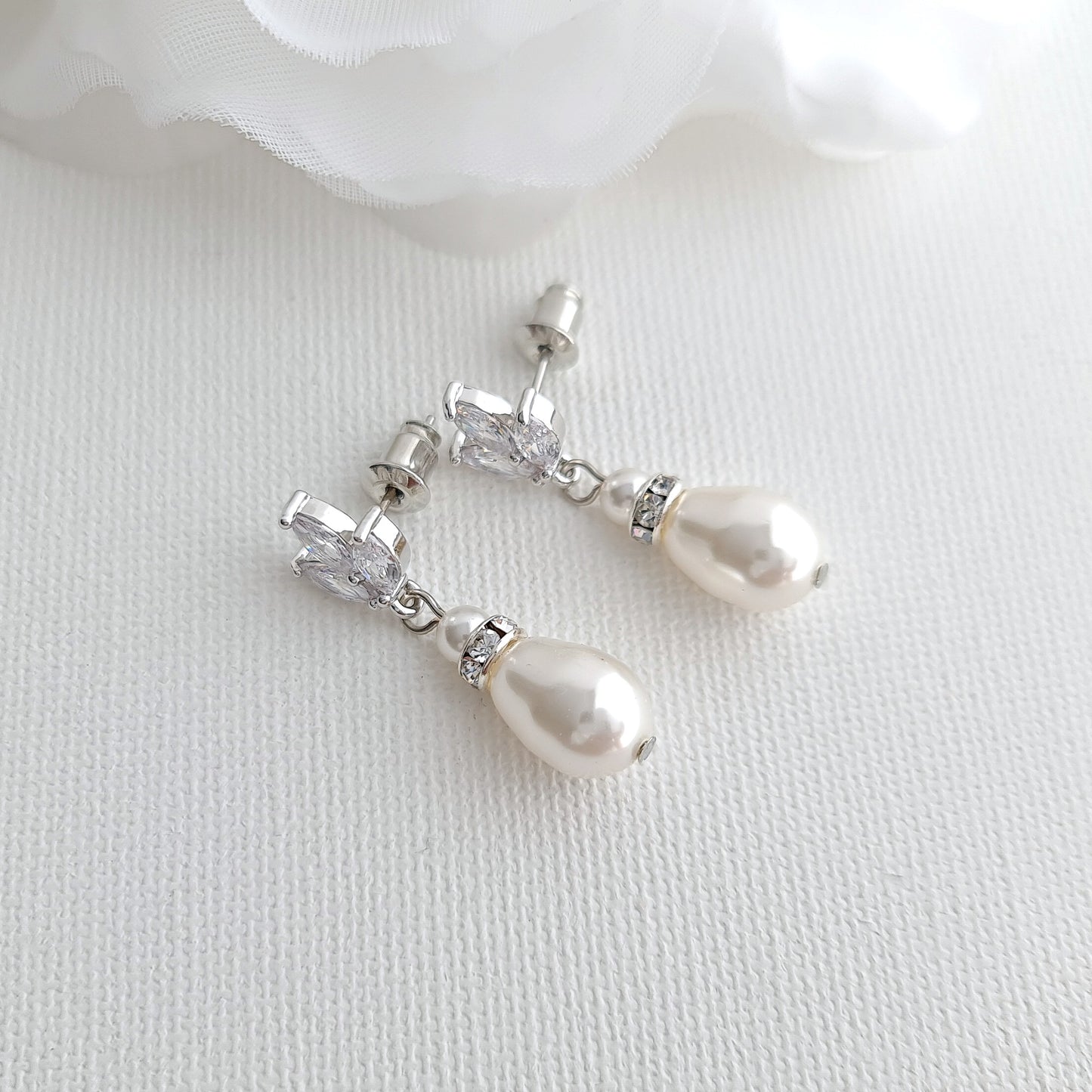 Pearl Bridal Jewelry Set in Ivory White Pearl Color with Necklace, Backdrop & Earrings-Katie