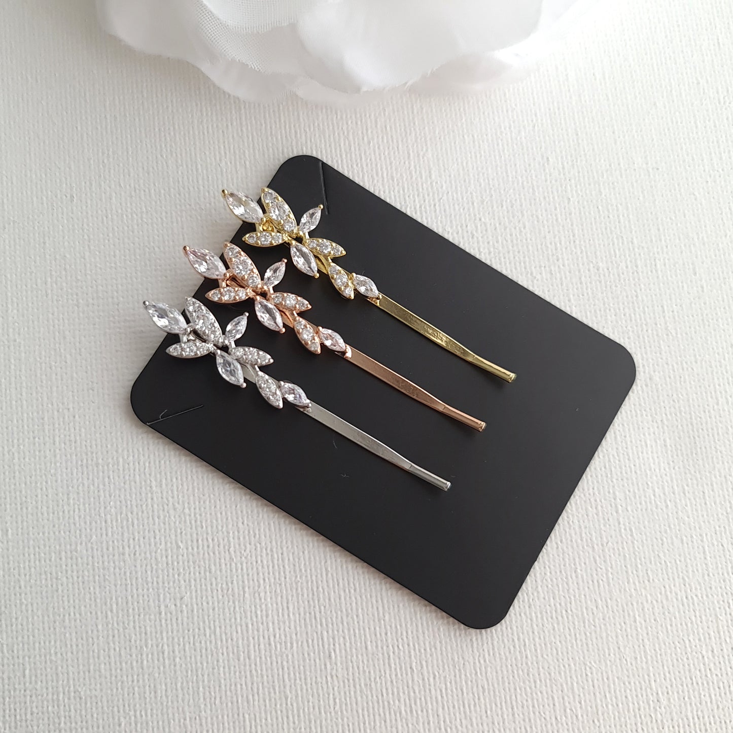 Rose Gold Leaf Bridal Hair Pin Set | Marquise CZ Slide for Bridesmaids & Flower Girls - Thea