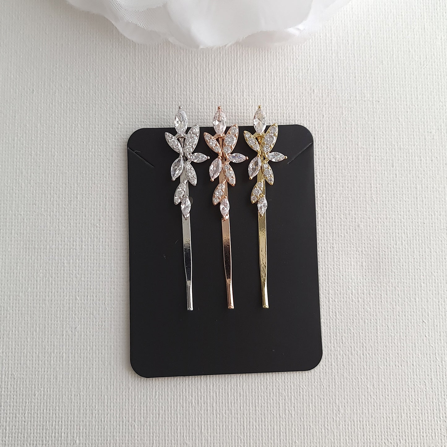 Rose Gold Leaf Bridal Hair Pin Set | Marquise CZ Slide for Bridesmaids & Flower Girls - Thea