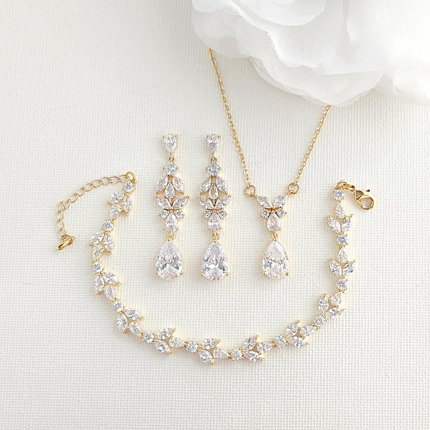 Yellow Gold Earrings Necklace Bracelet Set for Brides-Anne