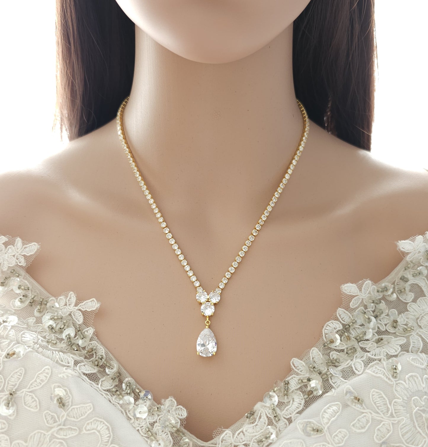 Gold Necklace with Cubic Zirconia for Weddings-Diane