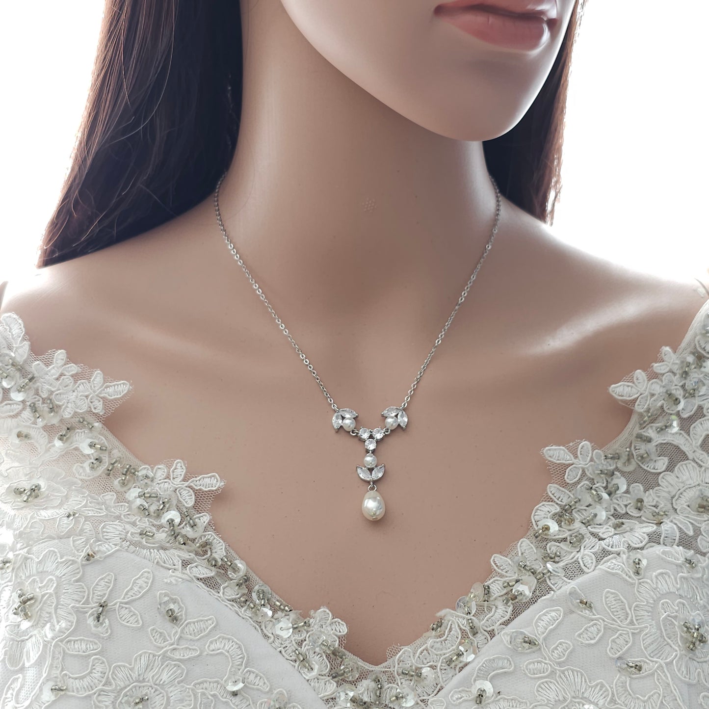 Crystal & Pearl Bridal Necklace in Silver - Leila