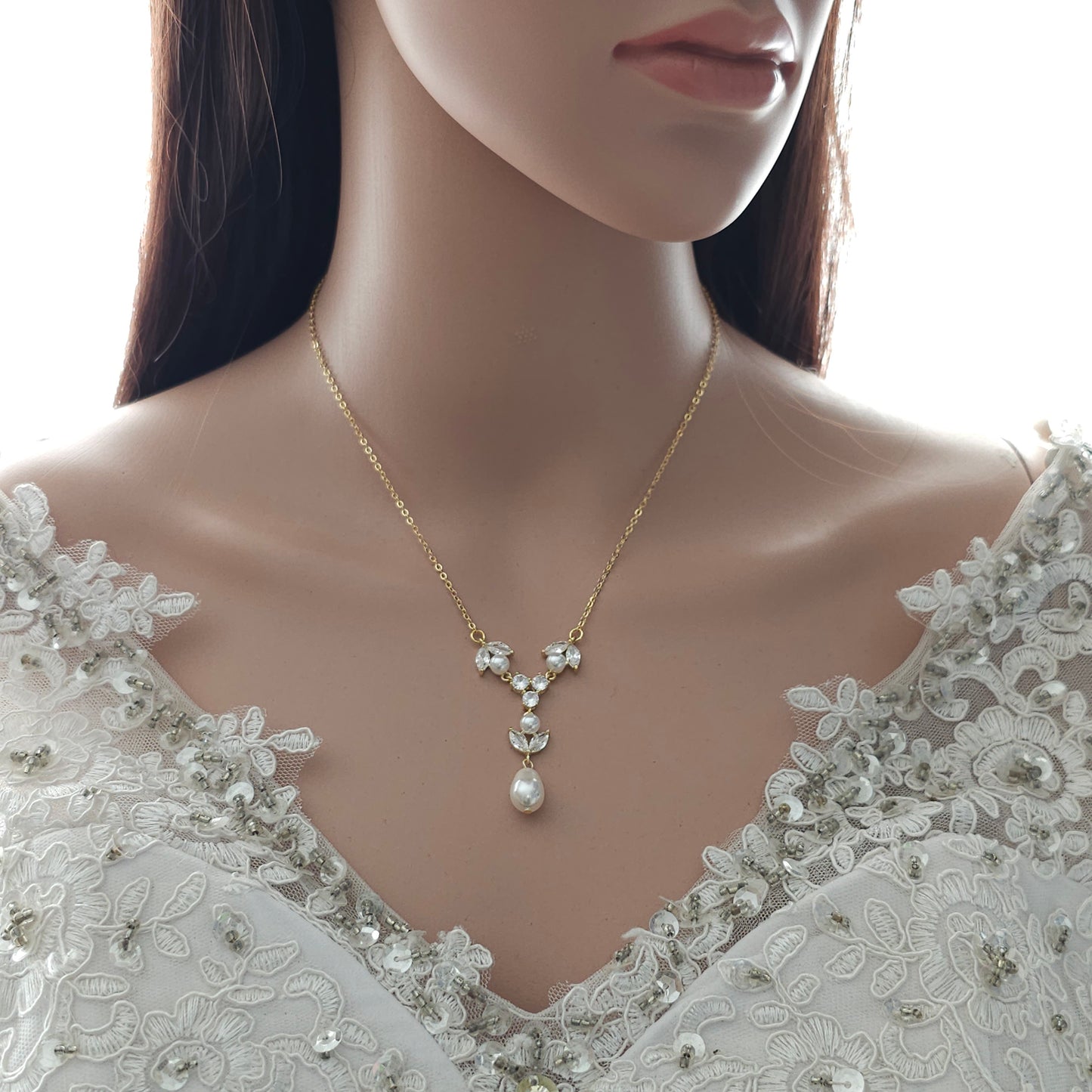 Crystal & Pearl Bridal Necklace in Silver - Leila